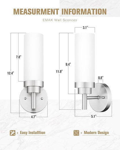 Emak Brushed Nickel Sconces Wall Lighting, Modern Vanity Lights with Milk Glass Shade, Wall Sconce for Bathroom, Bedroom, Living Room, Hallway, WS085-BN-ML-2PK