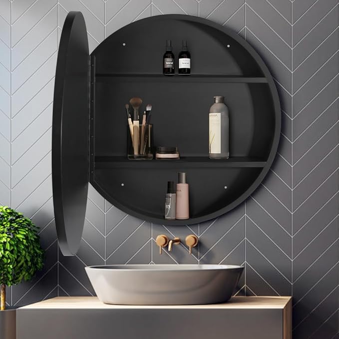 Movo 28 Inch x 28 Inch Bathroom Round Black Aluminum Medicine Cabinet with Mirror, Circular Storage Cabinet Surface Mounted