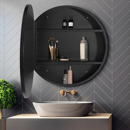 Movo 28 Inch x 28 Inch Bathroom Round Black Aluminum Medicine Cabinet with Mirror, Circular Storage Cabinet Surface Mounted
