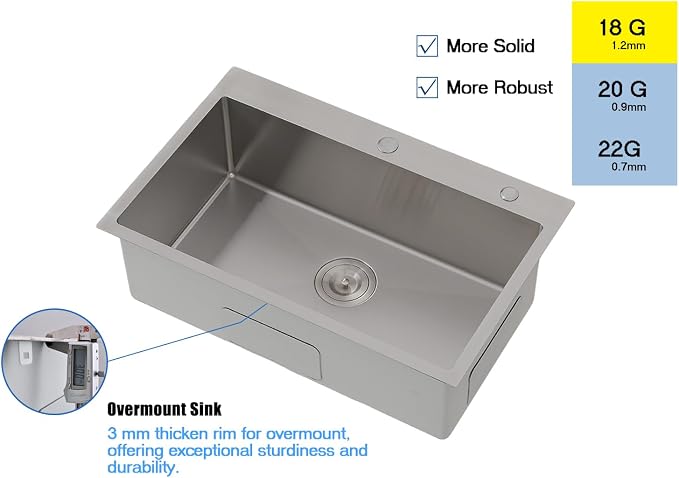 Friho 30x18 Inch Drop In Kitchen Sink, Top Mount Silver SUS304 Stainless Steel Single Bowl, 18 Gauge Handmade Sink