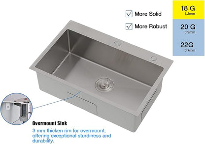 Friho 30x18 Inch Drop In Kitchen Sink, Top Mount Silver SUS304 Stainless Steel Single Bowl, 18 Gauge Handmade Sink