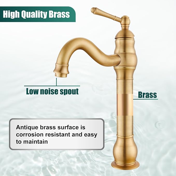 Heyalan Tall Vessel Sink Faucet, Single Handle 1-Hole,Antique Brass | SUS304 stainless steel, 360° swivel spout, includes pop-up drain & hoses, deck mount 1-hole, tall design for vessel sink