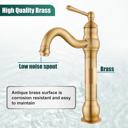 Heyalan Tall Vessel Sink Faucet, Single Handle 1-Hole,Antique Brass | SUS304 stainless steel, 360° swivel spout, includes pop-up drain & hoses, deck mount 1-hole, tall design for vessel sink