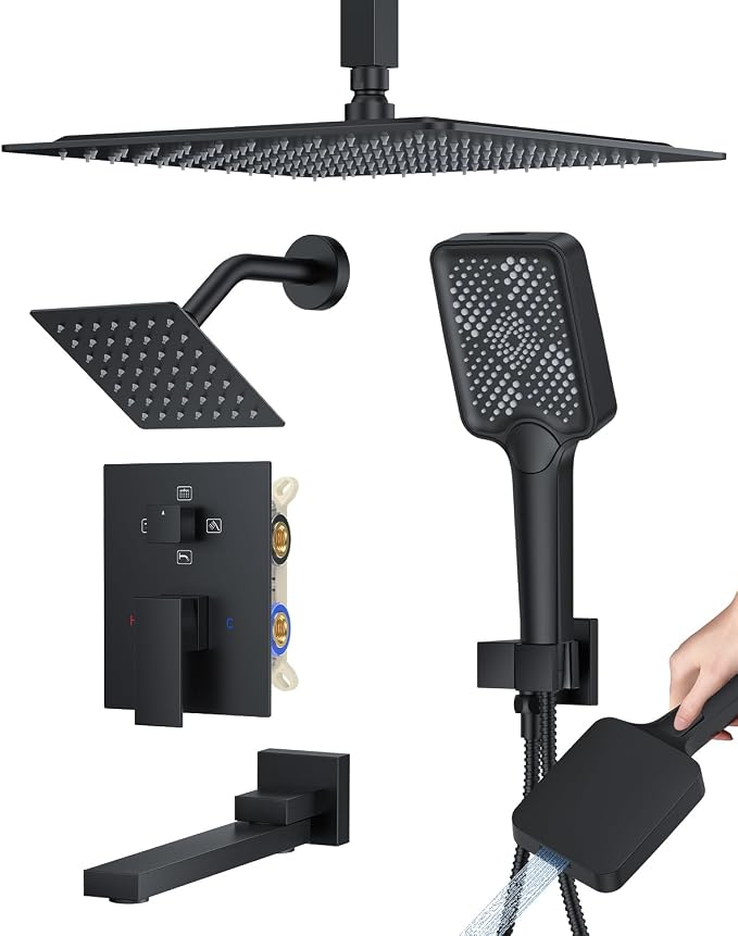 Woindo 4 Function Shower Faucet Set 12" Rain Shower Head/6'' Side Shower Head and 3 Setting Handheld Ceiling Mount Push Button Diverter Complete Rainfall Round Shower System Included Valve Trim Kit