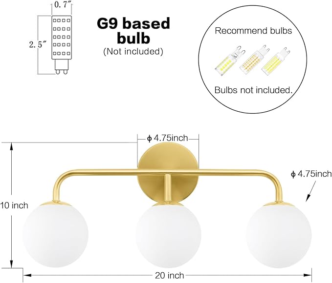 Gold Bathroom Vanity Lights, Mid Century Modern 3-Light Bathroom Lighting Fixtures Over Mirror, Brushed Gold Bathroom Lights Wall Sconce with Frosted Globe Milk Glass Shade, Wall Mount Light Fixture