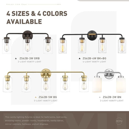 zeyu 5 Light Sconces Wall Lighting, 37 Inch Bathroom Vanity Light Fixtures, Brushed Gold Finish, Clear Glass Shade, ZS62B-5W BG