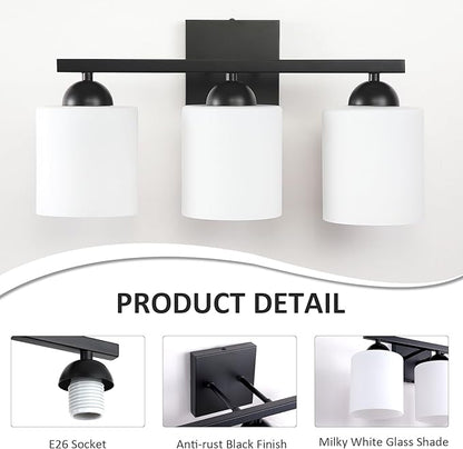 3-Light Matte Black Bathroom Vanity Light, Modern Bathroom Light Fixtures Over Mirror, Farmhouse Wall Sconce with Milky White Glass Shades, E26 Socket
