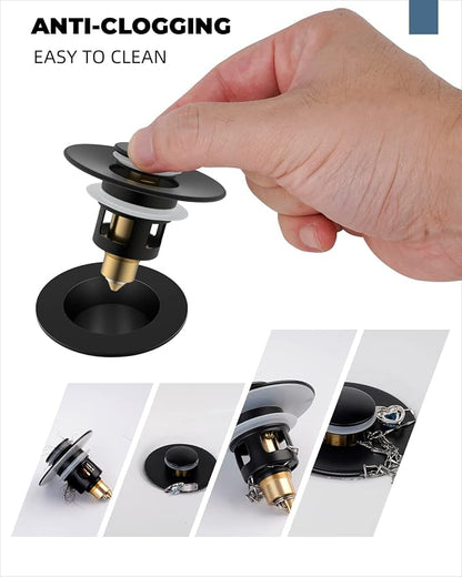 Hibbent All Metal Universal Bathroom Sink Stopper for 1.1''~2.3'' Basin, Pop Up Sink Drain Strainer, Brass Bullet Core Push Type Stopper, Stainless Steel Anti Clogging Drain Filter, Matte Black