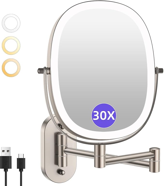 FUNTOUCH 5000mAh Rechargeable Wall Mounted Lighted Makeup Mirror,Nickel | Double Sided 30X/1X Magnifying Mirror Wall Mounted,Extended Arm 360°Rotation,Touch Dimmable,3 Color Lights for Bathroom