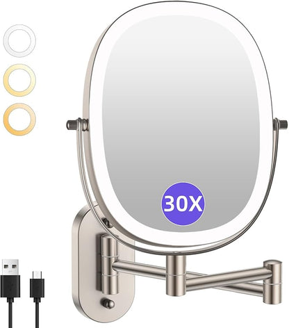 FUNTOUCH 5000mAh Rechargeable Wall Mounted Lighted Makeup Mirror,Nickel | Double Sided 30X/1X Magnifying Mirror Wall Mounted,Extended Arm 360°Rotation,Touch Dimmable,3 Color Lights for Bathroom
