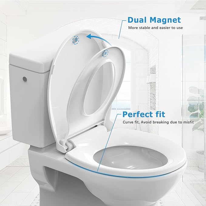 19" Round Toilet Seat 2-Piece Set for Adult and Child, Built-In Potty Training with Soft Quiet Close and Non-Slip Design, Magnetic Seat and Cover, White, Easy to Install