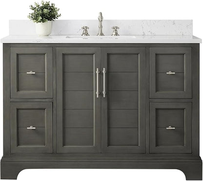 HOMEBEYOND 48 Inch Bathroom Vanity with Single Sink & Ceramic Top, Vanity Cabinet with Center Countertop Basin, Soft-Closing Doors, Backsplash,Sliver Grey
