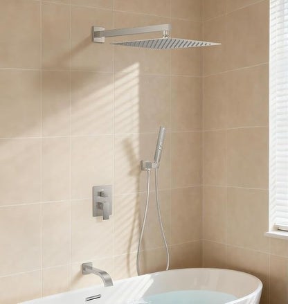 Brushed Nickel Shower System with Tub Spout, Wall Mounted Bathtub Shower Faucet Set, 12" Rainfall Shower Head and Handheld Shower Combo, High Pressure Shower Fixtures Set with Rough-in Valve