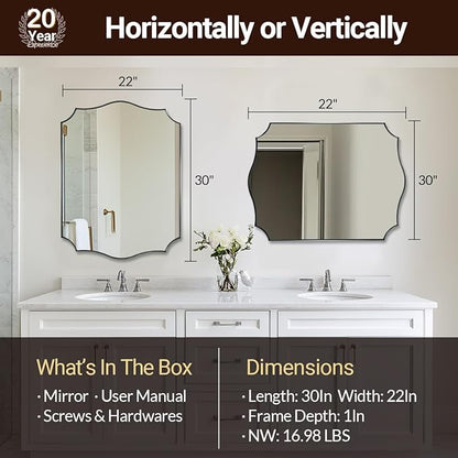 ANDY STAR Chrome Bathroom Mirror, 22x30 Inch Polished Nickel Vanity Mirror, Modern Scalloped Mirror for Bathroom with Anti-Rust Stainless Steel Frame, Hangs Vertical or Horizontal