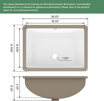 Undermount Bathroom Sink 21x15 Inch White Rectangle Porcelain Vessel Sinks with Curves Bottom Deep Basin with Overflow Lavatory Vanity Sink Mounted Under the Counter