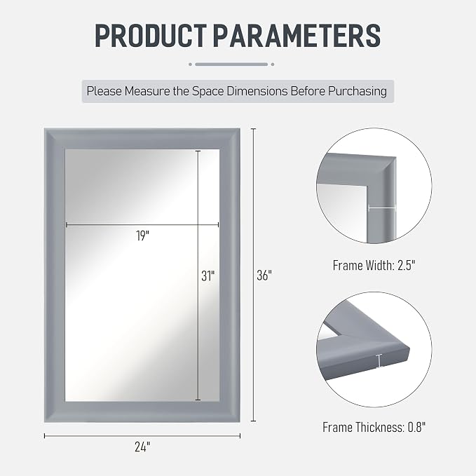 Bathroom Mirror for Wall,Rectangle Rustic Gray 24 x 36 inch Vanity Mirrors | Hanging Tempered Glass Mirror for Living Room,Bedroom,Entryway