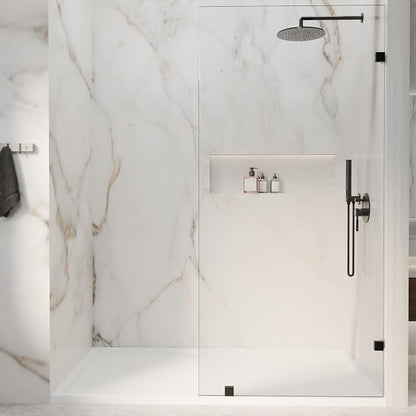 32" W x 72" H Fixed Shower Glass Panel | 3/8” 10mm Frameless for Walk in Shower with Clear Tempered Glass Explosion-Proof Film for Bathroom, Matte Black