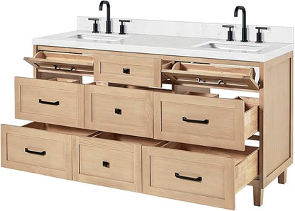ARIEL Monroe 66-inch Bathroom Vanity with Sink,Solid Wood, 1.5-inch Carrara White Quartz Countertop & Backsplash, Double Oval Porcelain Sink, 9 Dovetail Drawers, Matte Black, White Oak