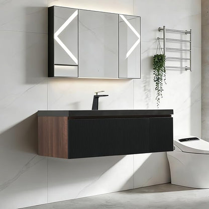 48" Floating Bathroom Vanity Sink Combo, Wall-Mounted Cabinet with Soft-Close Drawer & Black Quartz Sand Basin, Modern，Elegant Smoked Walnut