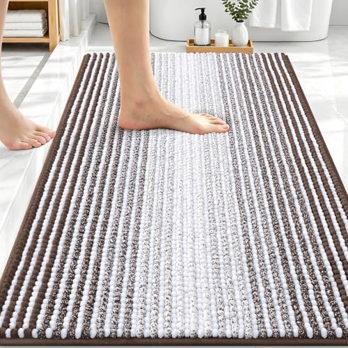 OLANLY Bathroom Rugs 30x20, Soft Chenille Striped Bath Rugs, Brown