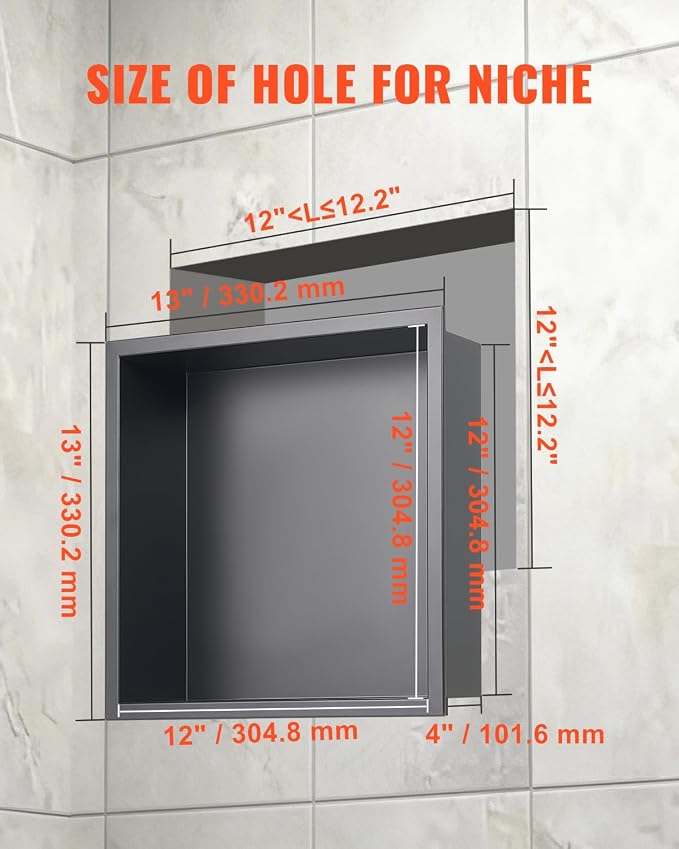 VEVOR Shower Niche, 13 x 13 x 4 inch Recessed Wall Niche, Heavy-Duty Stainless Steel Modern Soap & Shampoo Storage Organizer, Sealed Waterproof, Durable & Easy to Install,Black for Bathroom