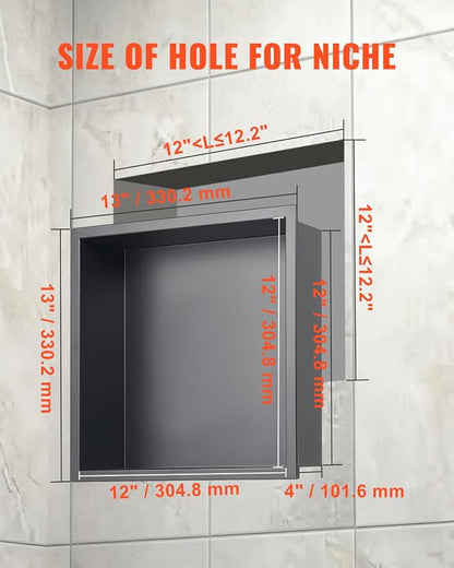 VEVOR Shower Niche, 13 x 13 x 4 inch Recessed Wall Niche, Heavy-Duty Stainless Steel Modern Soap & Shampoo Storage Organizer, Sealed Waterproof, Durable & Easy to Install,Black for Bathroom