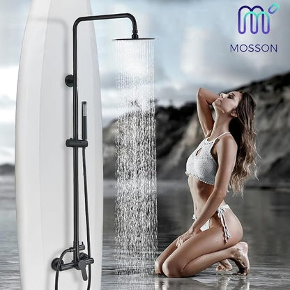 Shower System Matte Black Outdoor Shower Fixtures with 8" Rain Shower Head Handheld Sprayer Single Handle 304 Stainless Steel Wall Mounted Shower Shower Faucet Combo for Bathroom or Backyard