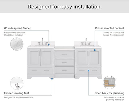 ARIEL Stafford 84-inch Bathroom Vanity with Sink,Solid Wood, 1.5in Carrara White Quartz Countertop & Backsplash, Double Rectangular Porcelain Sink, 4 Soft Closing Doors, 5 Dovetail Drawers, Grey