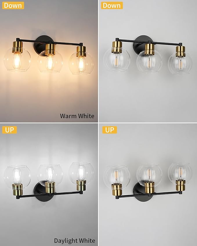 WILON Modern Bathroom Light Fixtures Over Mirror, 3-Light Bathroom Vanity Light, Black and Gold Vanity Light Fixture, Wall Lamp with Globe Clear Glass Shades