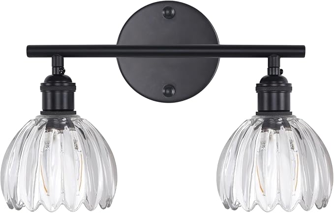 Bathroom Light Fixtures, 2-Light Black Vanity wall Light Over Mirror with Clear Tulip Glass Shade for Bedroom Living Room (Bulb Not Included)