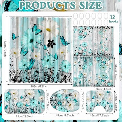 FuWeave 8 Pcs Teal Daisy Shower Curtain Set for Bathroom Include Farmhouse Rustic Daisy Flower Shower Curtain Towels Non Slip Rugs Toilet Lid Cover Bath Mat and 12 Hooks for Bathroom Decor
