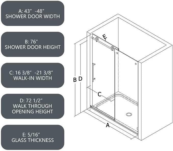43"-48" Wx 76" H Frameless Single Sliding Shower Door with Adjustable Soft Closing Design and 70MM 304 Large Pulleys,Glass Shower Door W/Explosion-Proof Film Nano Coating,Matte Black