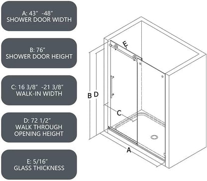 43"-48" Wx 76" H Frameless Single Sliding Shower Door with Adjustable Soft Closing Design and 70MM 304 Large Pulleys,Glass Shower Door W/Explosion-Proof Film Nano Coating,Matte Black