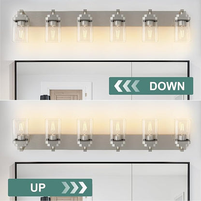Brushed Nickel Bathroom Light Fixtures, 6 Lights Bathroom Lighting Fixtures Over Mirror, Square Design & Rectangle Large Backplate, Modern Vanity Lighting Fixtures, for Living Room/Bedroom