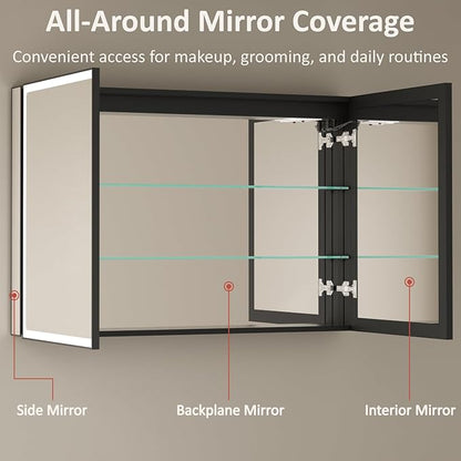 36x32 Inch Medicine Cabinet with Mirror, Recessed or Surface Mount Bathroom Medicine Cabinet with LED Lights, Anti-Fog, Adjustable Shelf, Dimmable Light, Outlets & USB, ETL Listed, Black
