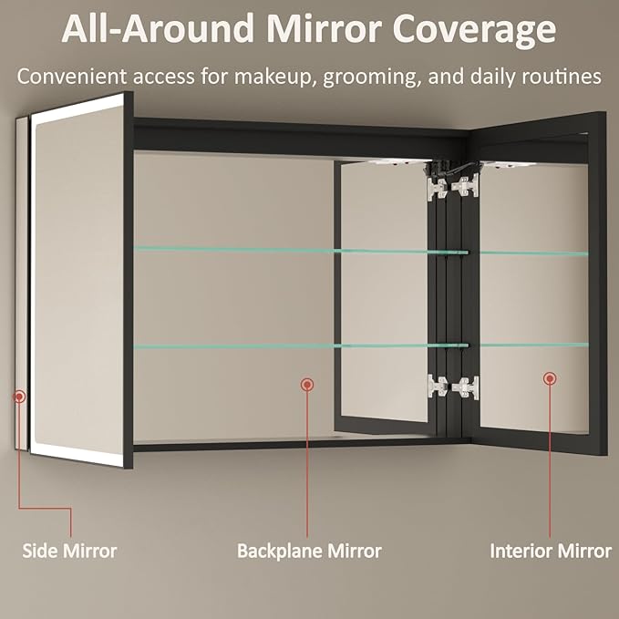 48x32 Inch Led Lighted Medicine Cabinet with Mirror, Recessed or Surface Mount Bathroom Medicine Cabinet, Anti-Fog, Adjustable Shelf, Dimmable Light, Outlets & USB, ETL Listed, Black