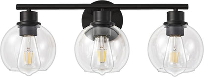 Bathroom Light Fixtures Over Mirror 3-Lights Bathroom Vanity Light with Clear Globe Glass Shade 22 inch Modern Black Vanity Lights Wall Sconce Lighting for Bath