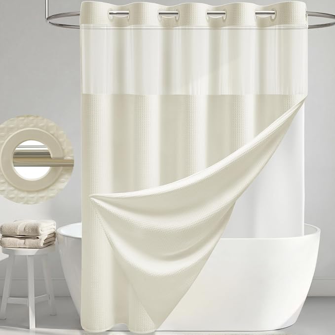 Cream Hook Free Waffle Shower Curtain & Snap-in Fabric Liner,72x99 | Less Time to install, 3 in 1 Fabric Shower Curtain and Liner Set with Magnets, Extra Long, Shower Curtains for Bathroom
