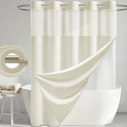 Cream Hook Free Waffle Shower Curtain & Snap-in Fabric Liner,36x75 | Less Time to install, 3 in 1 Fabric Shower Curtain and Liner Set with Magnets, Stall, Shower Curtains for Bathroom