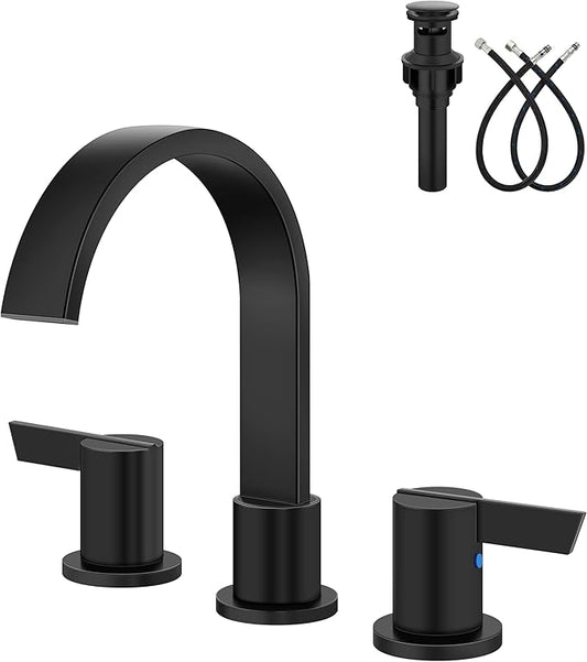 Aolemi Bathroom Faucets 3 Hole,8 Inch Widespread Waterfall Bathroom Sink Faucet,2 Handles Vanity Faucet with Pop-up Drain and Supply Hose,Matte Black