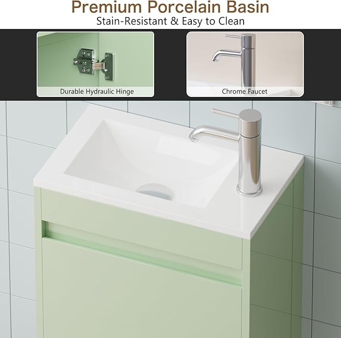 wonline 16" Small Floating Green Bathroom Vanity Sink Combo, Wall Mounted Narrow Single Cabinet with Resin Basin Sink Top, Water Saving Chrome Faucet & Pop-Up Drain-Glossy Green