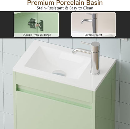 wonline 16" Small Floating Green Bathroom Vanity Sink Combo, Wall Mounted Narrow Single Cabinet with Resin Basin Sink Top, Water Saving Chrome Faucet & Pop-Up Drain-Glossy Green