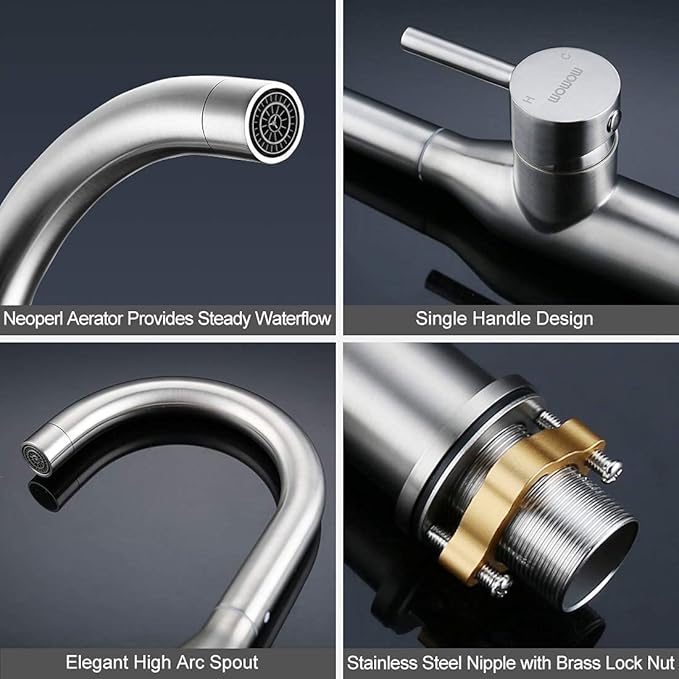 WOWOW Single Handle Bar Sink Faucet 1 Hole Bar Faucet Brushed Nickel Small Kitchen Faucet Modern Commercial Faucet for Sinks RV Sink Faucets with Water Supply Lines
