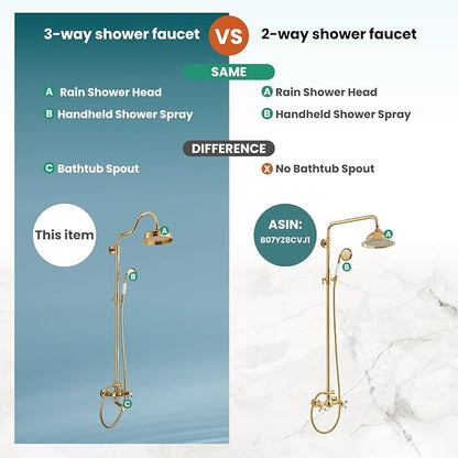 gotonovo Exposed Bathroom Shower System Two Cross Handle Polished Gold | Vintage Brass Tub Shower Faucet Set,8’’ Rain Head with Handheld Spray,Swivel Tub Spout,6’’ Hole Distance,Adjustable Height