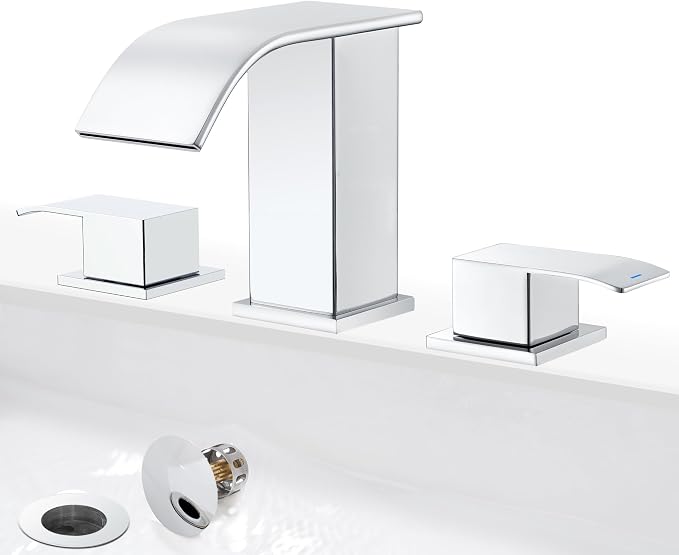 8 Inch Waterfall Bathroom Faucets for Sink 3 Hole - Chrome Bathroom Faucet with Pop-up Drain, Widespread Bathroom Sink Faucet 2-Handles, Patent No. : US D967,340 S