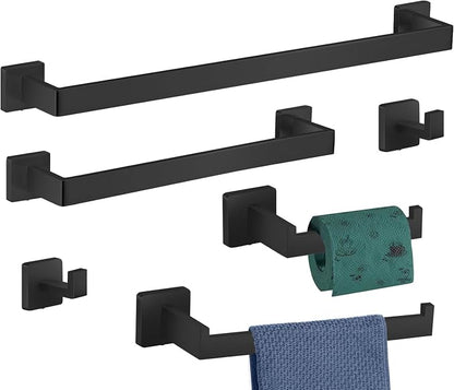 6-Pieces Bathroom Hardware Set Matte Black Bathroom Accessories Set SUS304 Towel Bar Set Includes Towel Bar 24&16 Inch+Towel Holder+Toilet Paper Holder+2 Towel Hooks (6, Matte Black, 24 Inch)