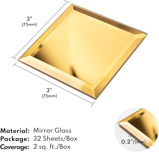 Peel and Stick 3 Inch Gold Mirror Backsplash, Square Tile for Kitchen Bathroom (32 Sheets, 2 SQ.FT.)