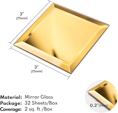 Peel and Stick 3 Inch Gold Mirror Backsplash, Square Tile for Kitchen Bathroom (32 Sheets, 2 SQ.FT.)