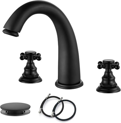 gotonovo Widespread Bathroom Sink Faucet 3 Hole Matte Black,No Label | Vintage 8’’ Bathroom Faucet,2 Cross Handle,6-16’’ Sink,Vanity,RV,Farmhouse,SUS304,24’’ cUPC Hose,Pop Up Drain,Deck Mount