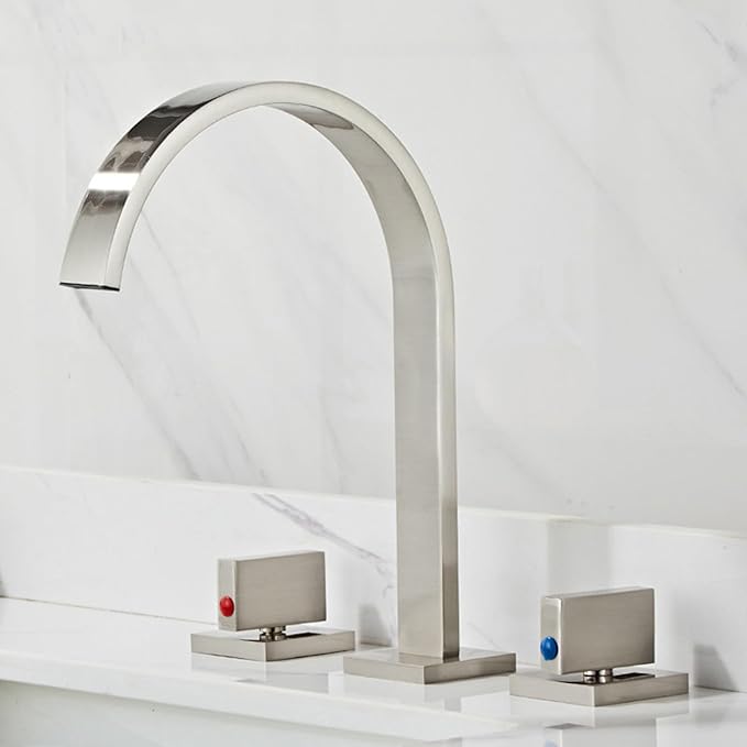 Bathroom Basin Mixer Faucet 3 Hole Brass Hot and Cold Water Double Handle 3 Hole Basin Faucets-Brushed